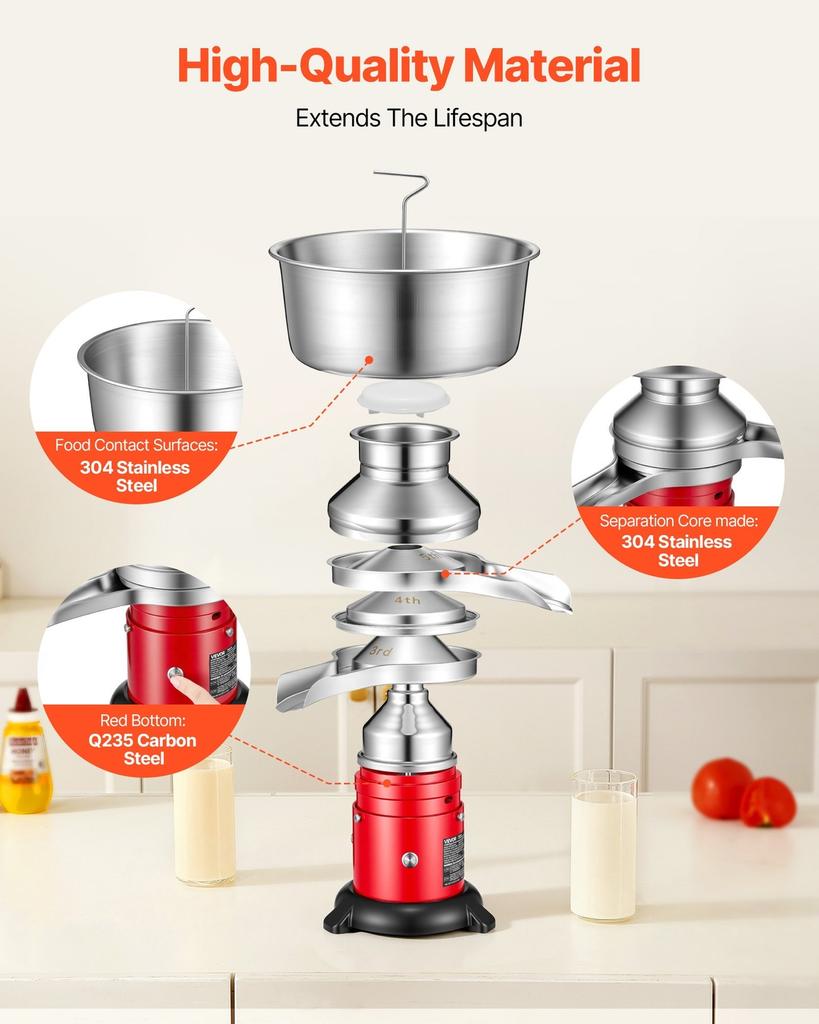 Electric Milk Cream Separator, 60L/H Output 10500RPM Milk Cream Centrifugal Separator, 304 Stainless Steel Goat Cow Milk Skimmer Separating Machine