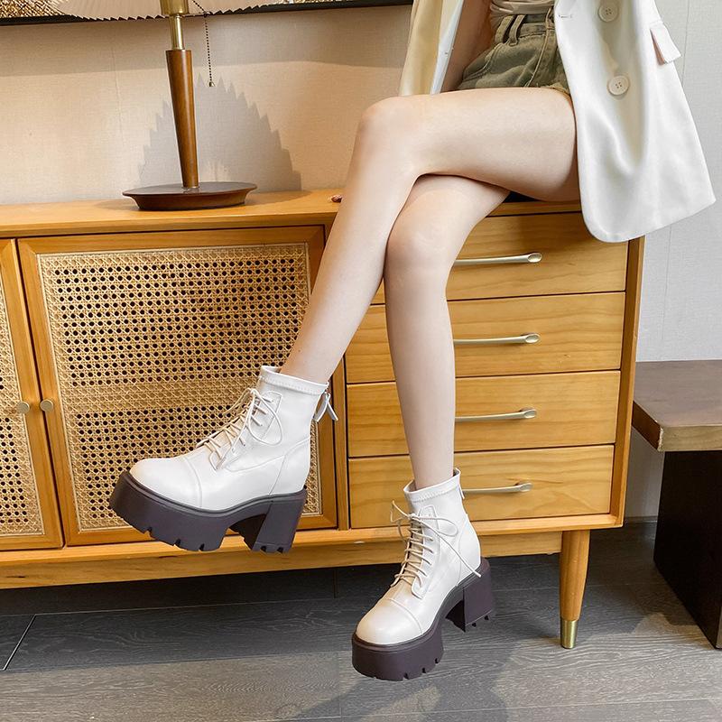 12Lm White Inner Height-increasing Short Boots Women's Autumn and Winter Elastic Boots Thick-soled Thin Boots Small High-heeled Martin Boots