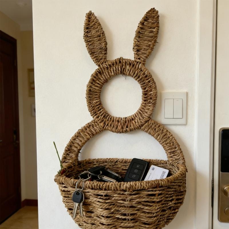 Handwoven Rabbits Ear Shape Flower Basket Natural Rattan Breathable Flower Holder for Home Decors and Storage