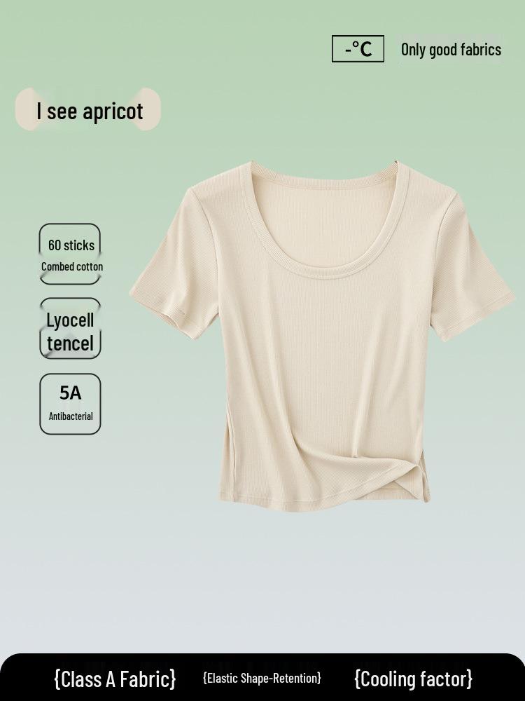 5A Antibakterielles Damen einfarbiges Tencel Baumwoll Ripp Kurzarm Sommer T-Shirt