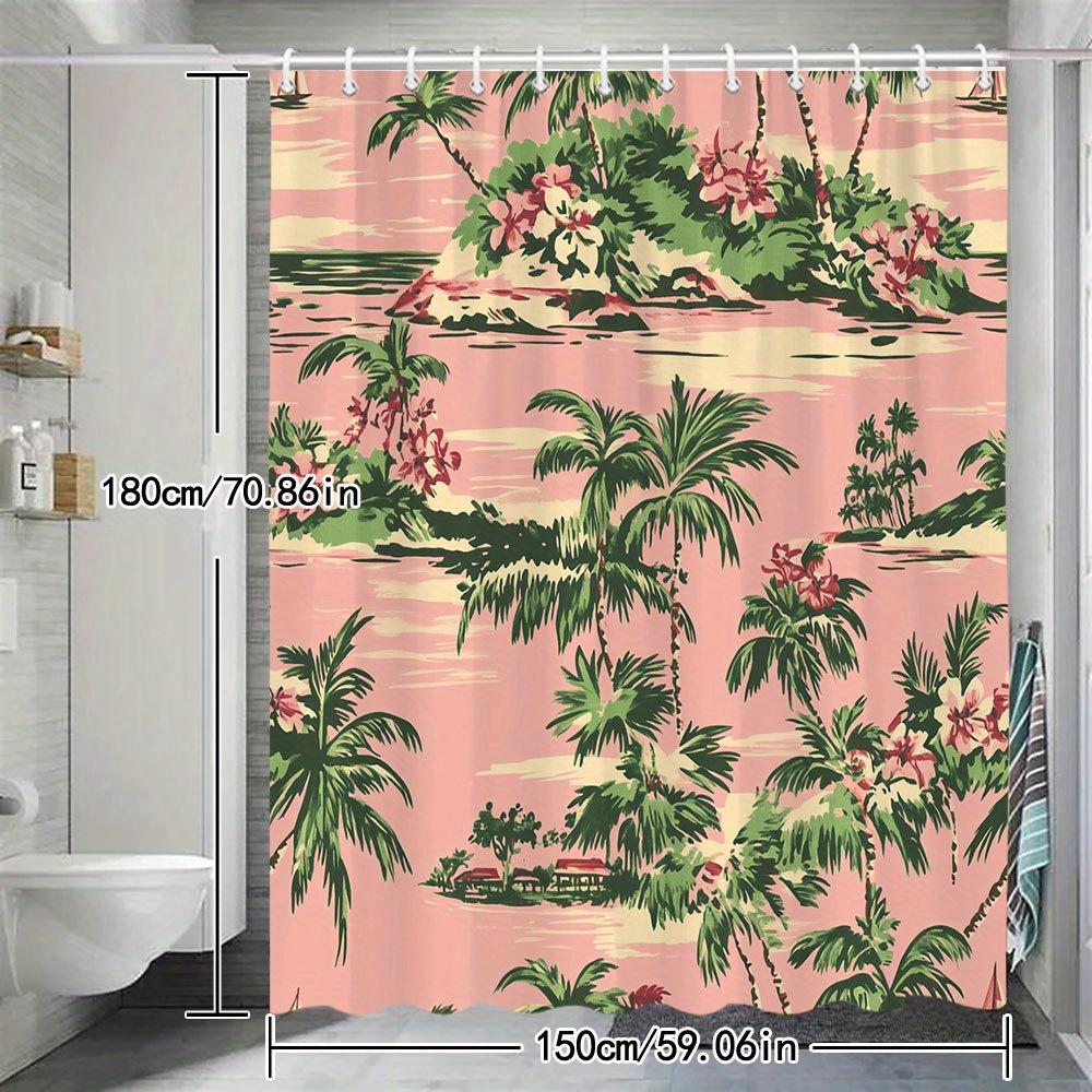 1 Stück Tropischer Strand Duschvorhang - Retro Vintage Küstendesign mit Rosa Sonnenuntergang, Palmen & Hibiskusblüten - Langlebiges Polye
