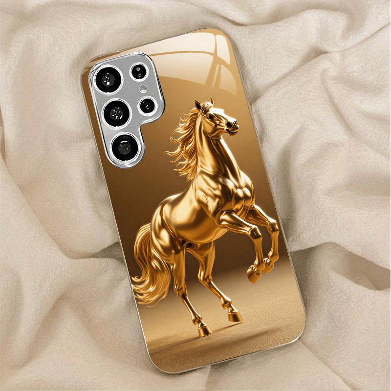 Goldenes galoppierendes Pferd Muster Glas Handyhülle für Galaxy S26 S25 S24 S23 S22 S21 S20 FE Ultra Plus 5G sturzsichere Rückabdeckung