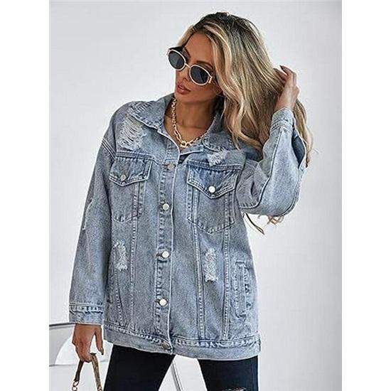 Giacca di jeans oversize strappata da donna stile boyfriend saldi
