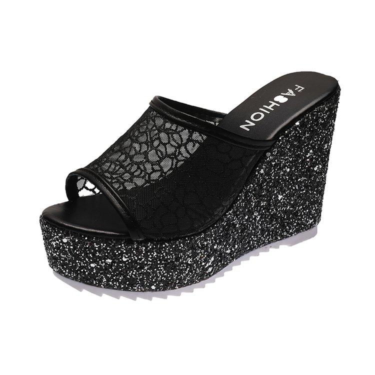 Fashion Bling Golden Women Slippers Summer Shoes Platform 4cm Outside Fitting-room 11cm High Heels Wedges Solid Mesh Female Sliver Shoes