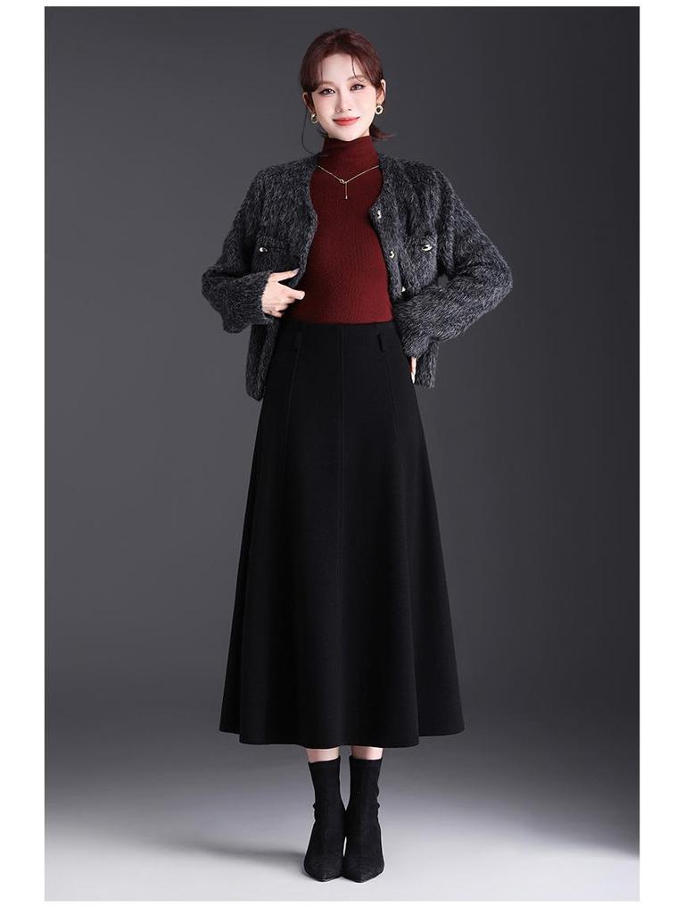 Winter 2025 High-Waisted A-Line Wool Skirt with Thick Hem - Mid-Length Slimming Casual Design