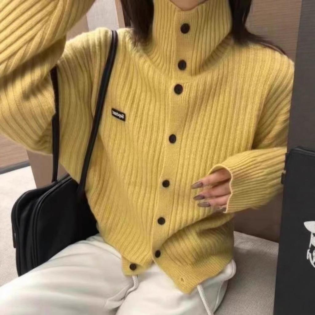 WTEMPO Women's High Turtleneck Ribbed Knit Cardigan, Fall Winter Lazy Style Button Sweater, Long Sleeve Relaxed Fit Knit Jacket