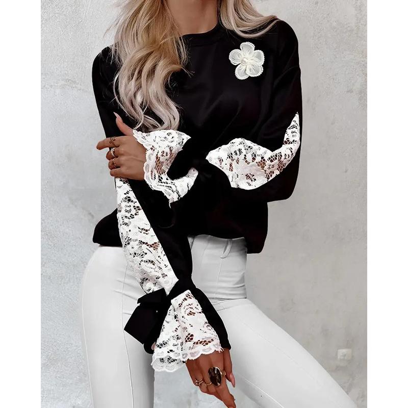 Autumn Splicing Lace Flare Long Sleeve Three Dimensional Flower Lace Up T-shirt High Street Daily Fashion Elegant Women's Top