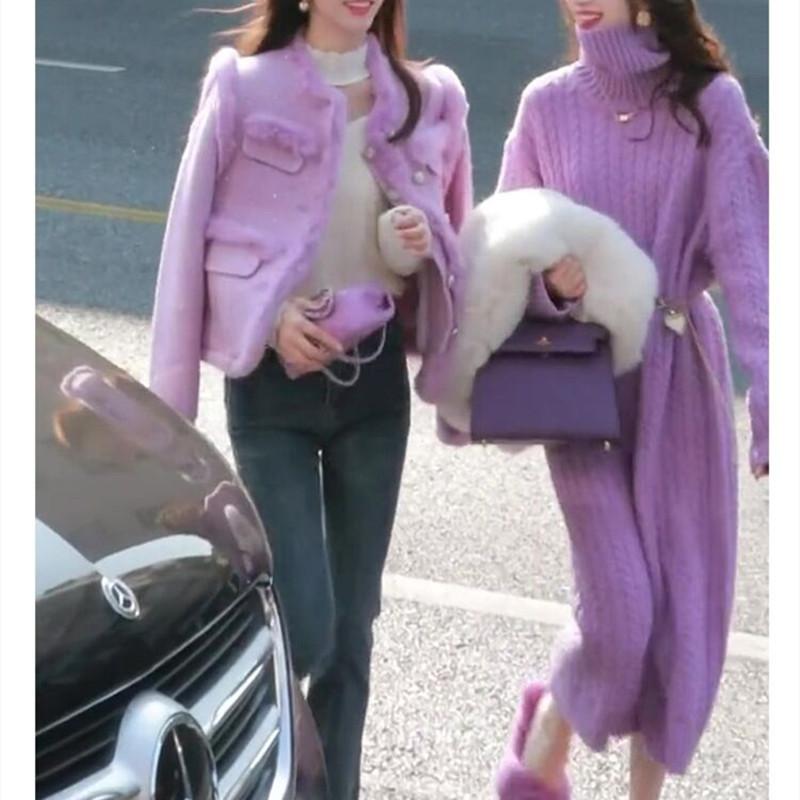 Purple French Twist Knitted Dress Base Sweater Dress Women
