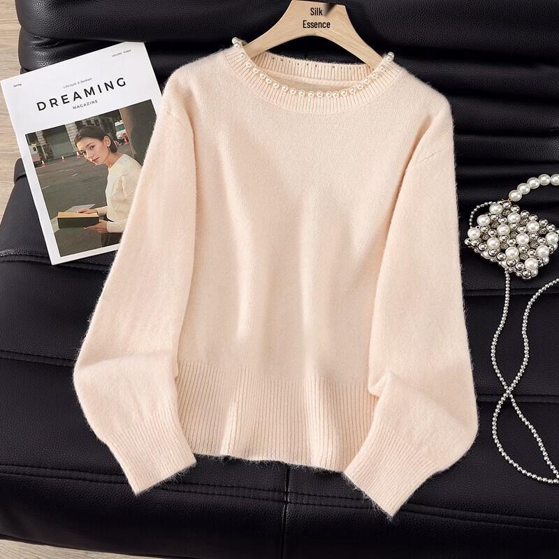Women s Elegant Beaded Round Neck Knit Sweater XL