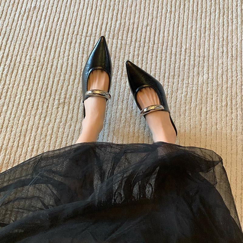 Sheepskin version! Baotou half slippers women's summer outer wear temperament niche pointed metal word with wedge heel shoes