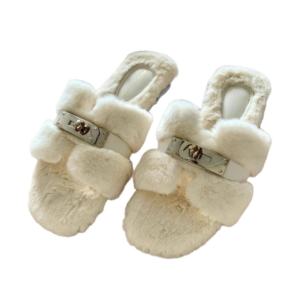 Suding Home "Mao Mao Tuo" Summer Gentle Fashion Versatile Premium Sense Flat Bottom One Word Plush Cotton Slippers Women's New