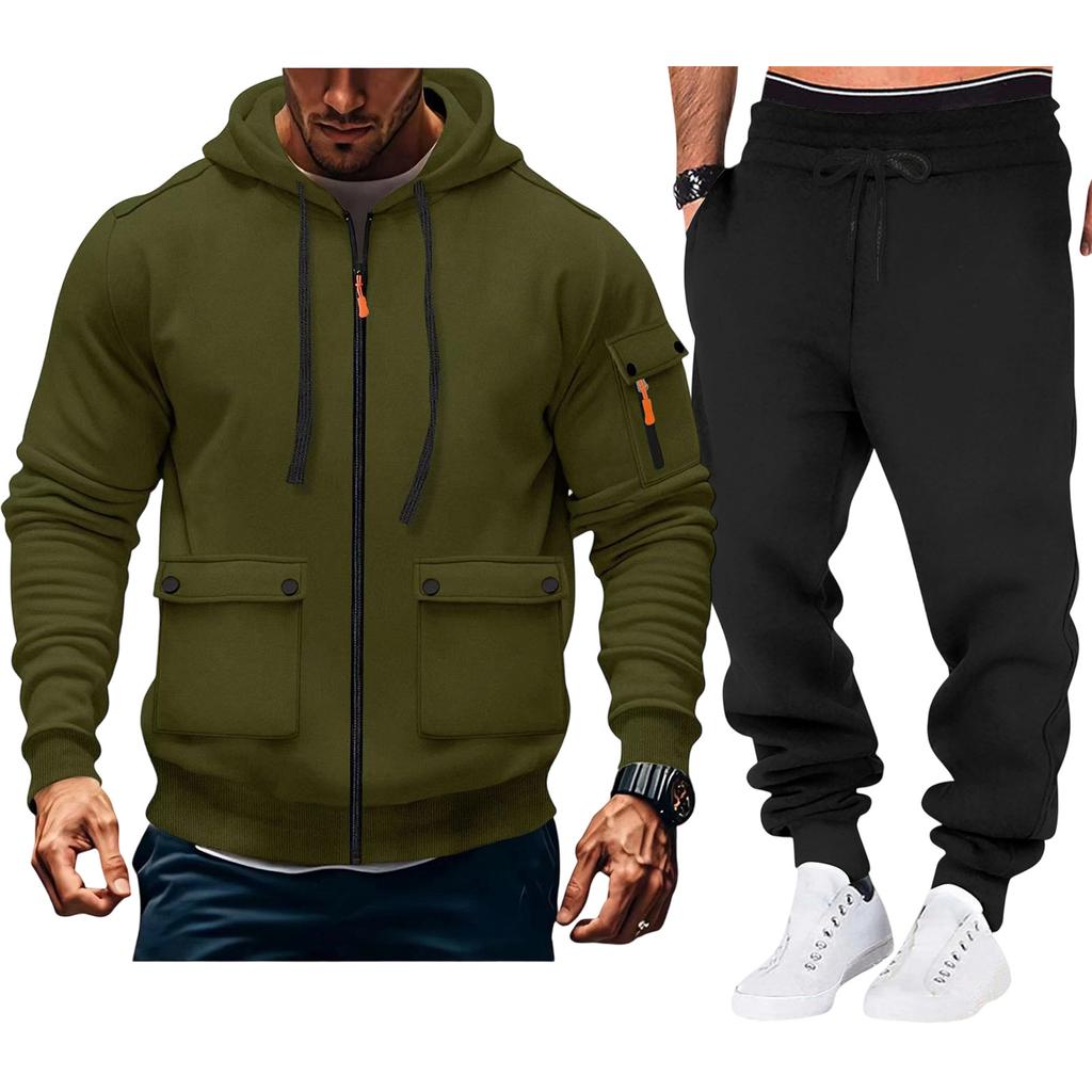 Men'S Hoodie Multi Pocket Hooded Long Sleeved Casual Sports Two-Piece Set