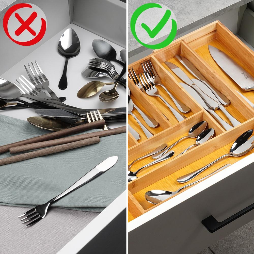 Bamboo Insert for Cutlery, Drawer Utensils, Extendable, Adjustable XXL