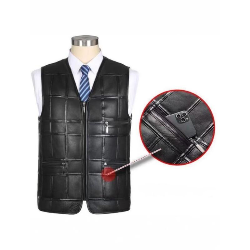 Men's Winter Thickened Thermal Vest with Middle-Aged Checkered V-Neck, Multi-Pocket Straight Hem Punk Sleeveless Jacket