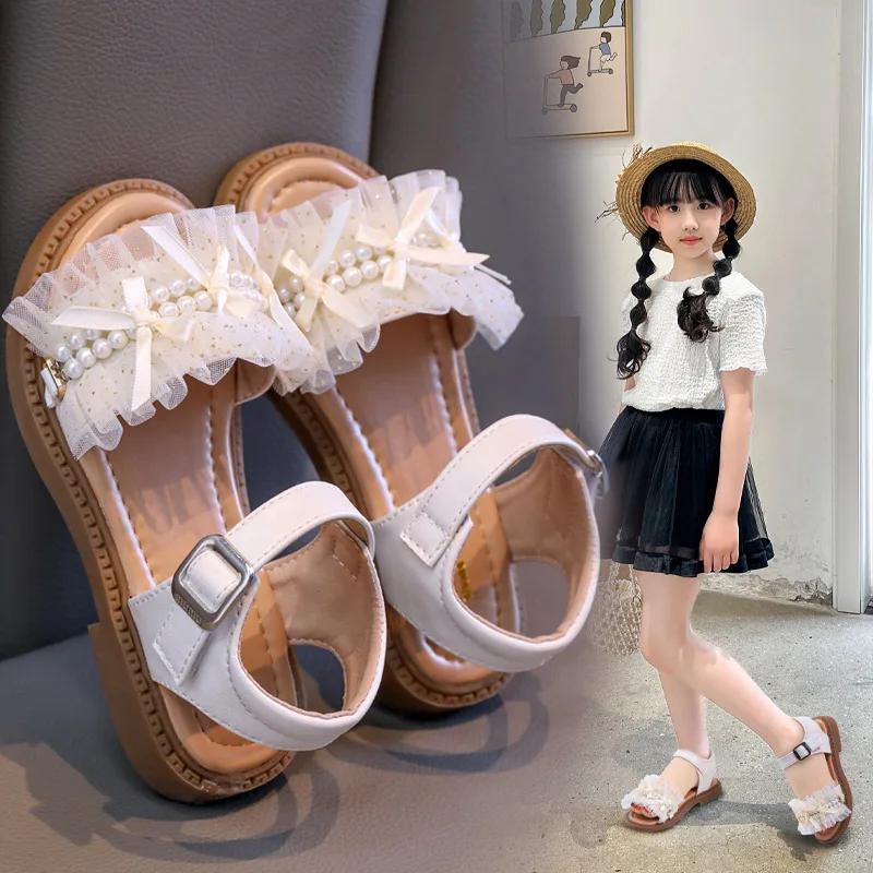 Fashion 2025 Summer New Girls' Sandals Light Luxury Wind Net Gauze Pearl Soft Soled Princess Shoes Little Girls Fashion Beach Shoes