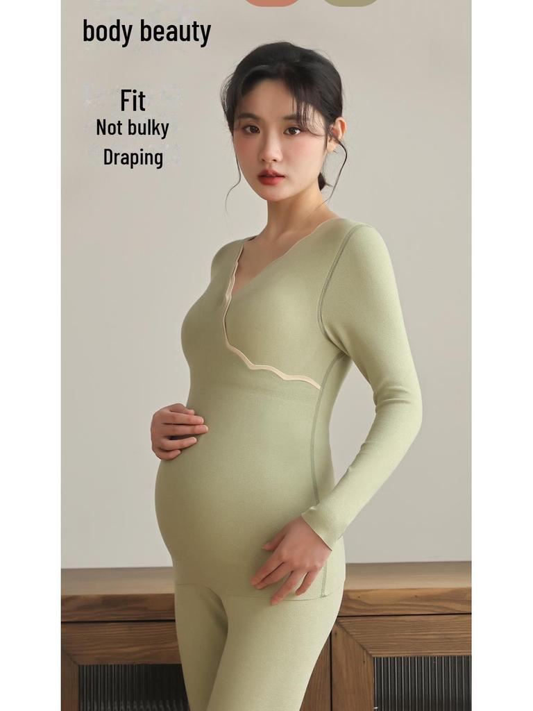 Autumn & Winter Thermal Maternity Nursing Set: Includes Chest-Pad Top & Pants In German Velvet