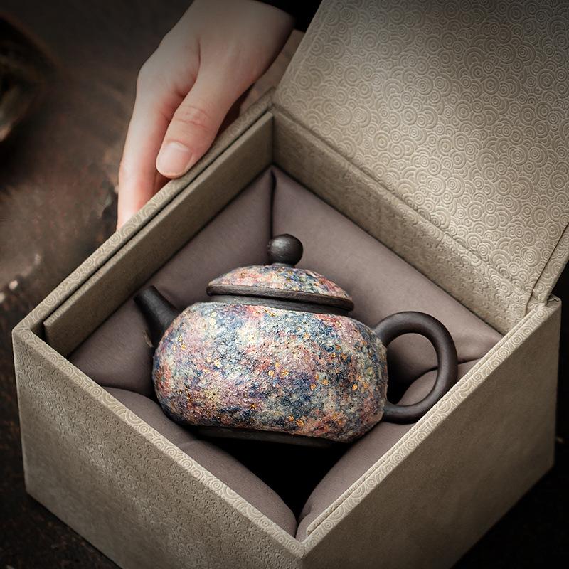 140ML Handmade Rock Mine Xishi Teapot Aesthetic Gold Pointing Pot Tea Making Kettle Chinese Tea Set Accessories Collection Gifts