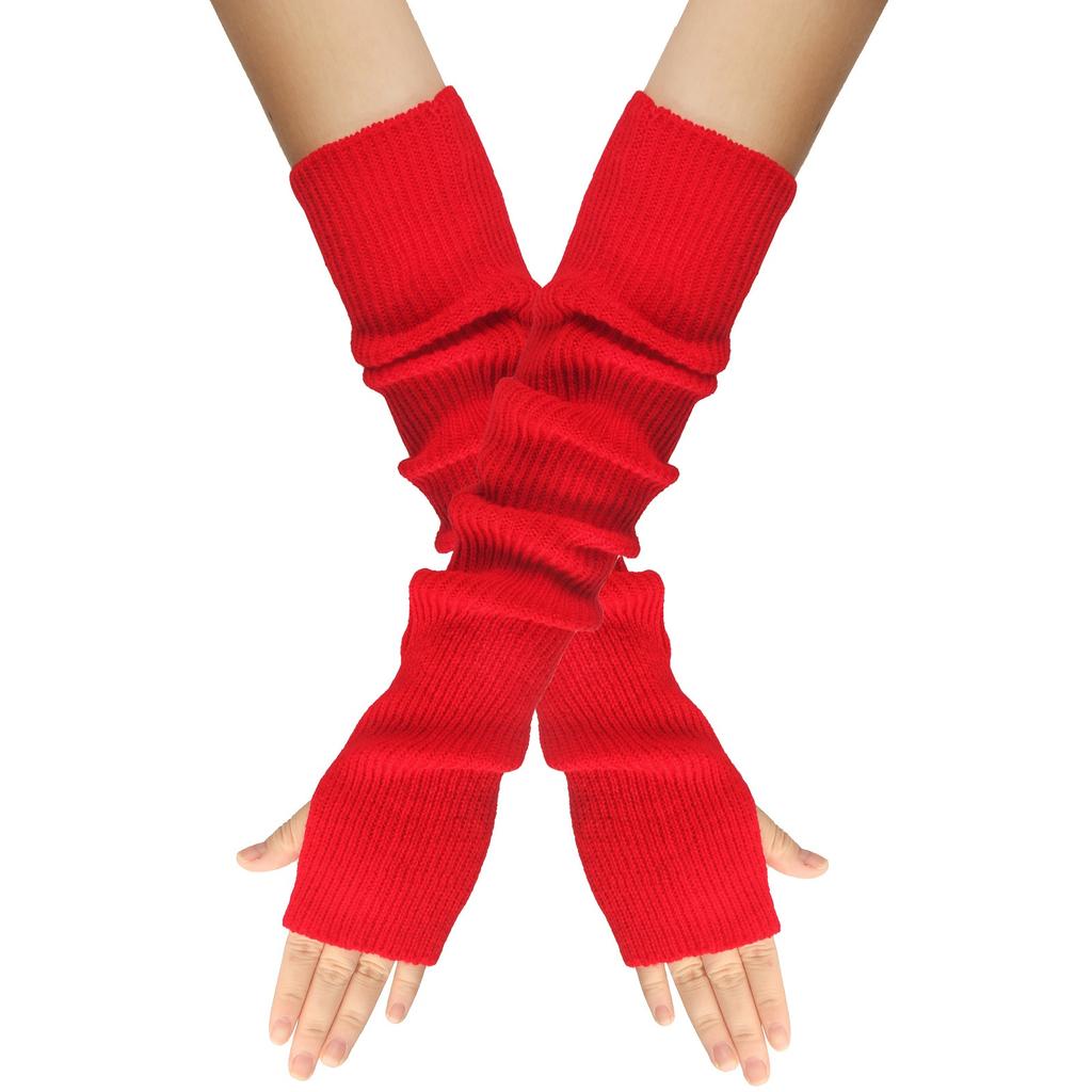 Women's Winter Warm Wool Gloves, Fingerless Long Sleeves, Solid Color, Extended Gloves