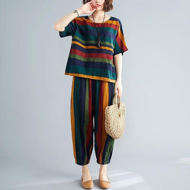 Summer Casual Two-piece Set Women's Loose Literary Round Neck Retro Striped Short-sleeved + Wide Legged Eight Trousers Trousers