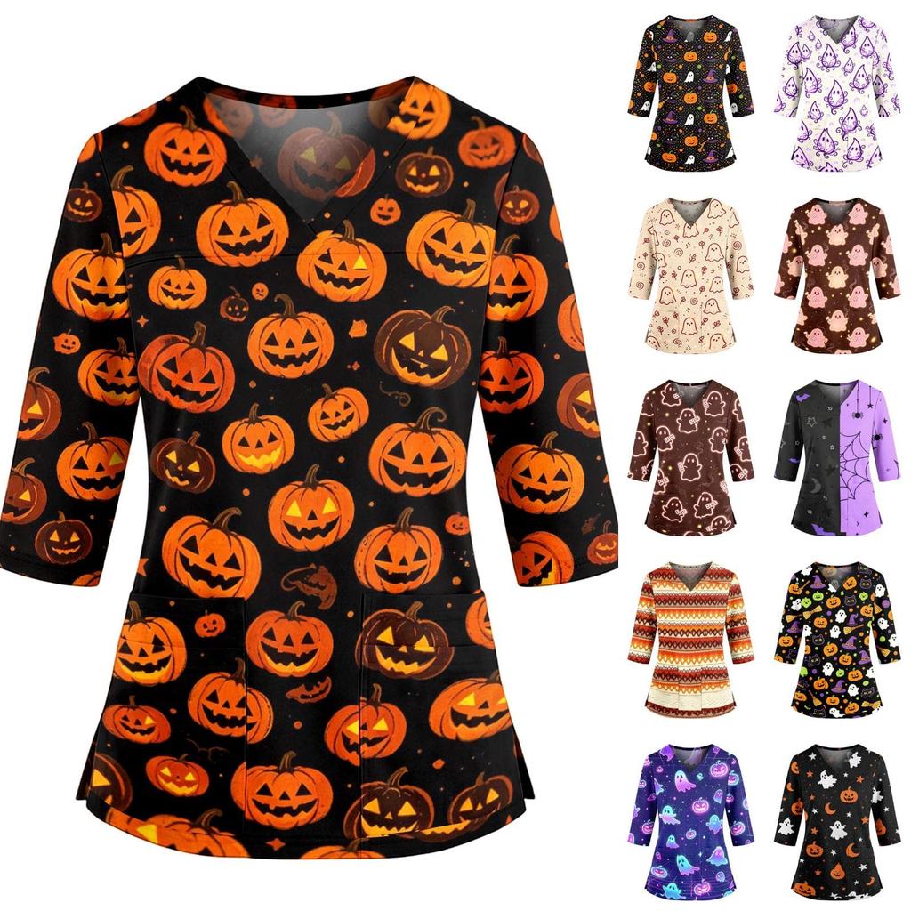 Women's Halloween Print V-Neck Uniform Top with Pockets and Side Slits, Three-Quarter Sleeve Casual Scrub