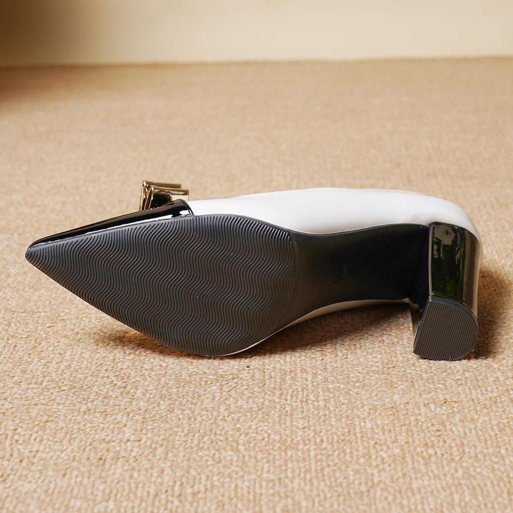 European & American Women's Chunky Heel Bow High Heels - Patent Leather, Pointed Toe, Plus Size