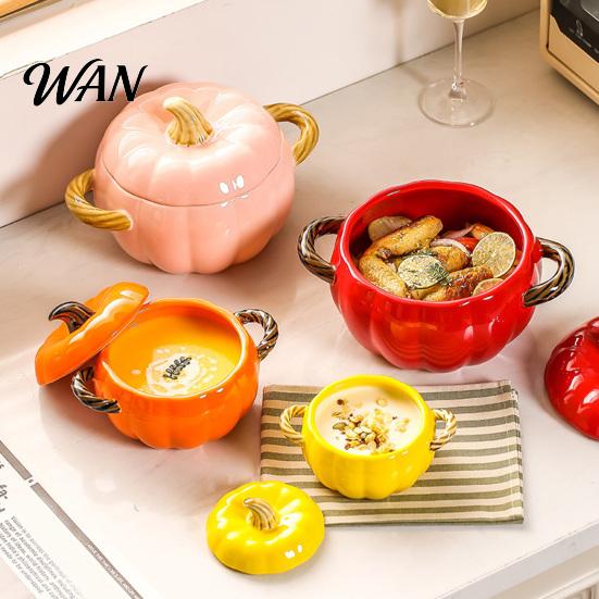 Ciotola da Zuppa con Coperchio, Manico Doppio, Zucca, Adatta al Microonde, Decorativa, Pratica, Regalo Cucina per Casa, Ciotola in Ceramica, Pentola Resistente al Calore per Stufati