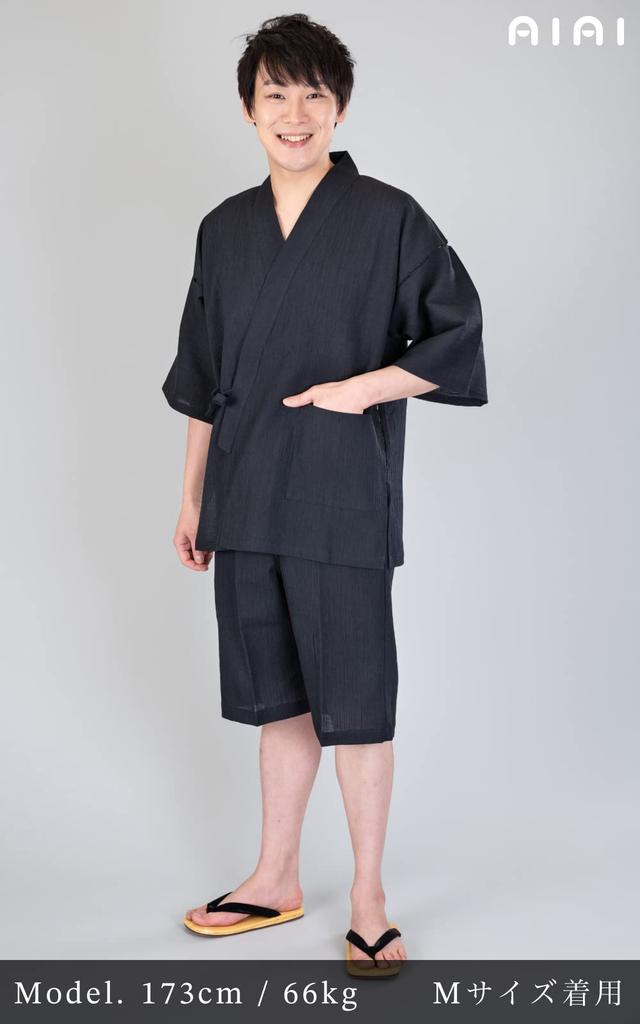 washable jinbei made in linen [AiAi] Cool-looking, cotton-linen (wool-like kimono) Japan, 75% cotton, 25% (M, Black)