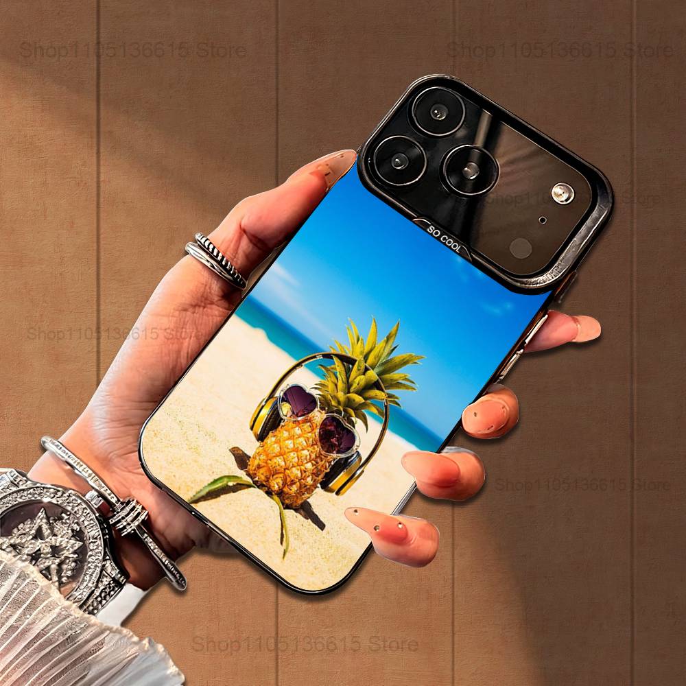 Cute Pineappl Art Fruit  Case For iPhone 16,15,14,17,13,12,11,Mini,Pro,SE,XS,MAX,Black Matte Silicone Cover