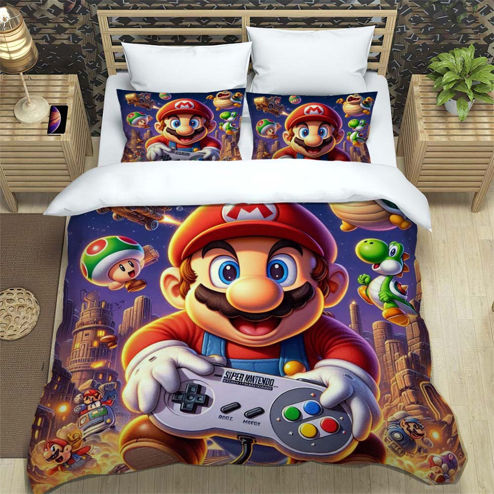 Comfortable Bedding Set, 3D Cartoon Mario Three-piece Set, Including Duvet Cover and Pillowcases.