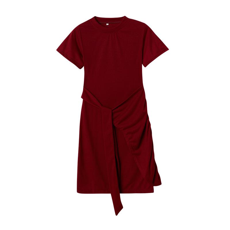 IHUASU Summer Short Sleeve Round Neck Pleated Bow Belt Irregular Dress