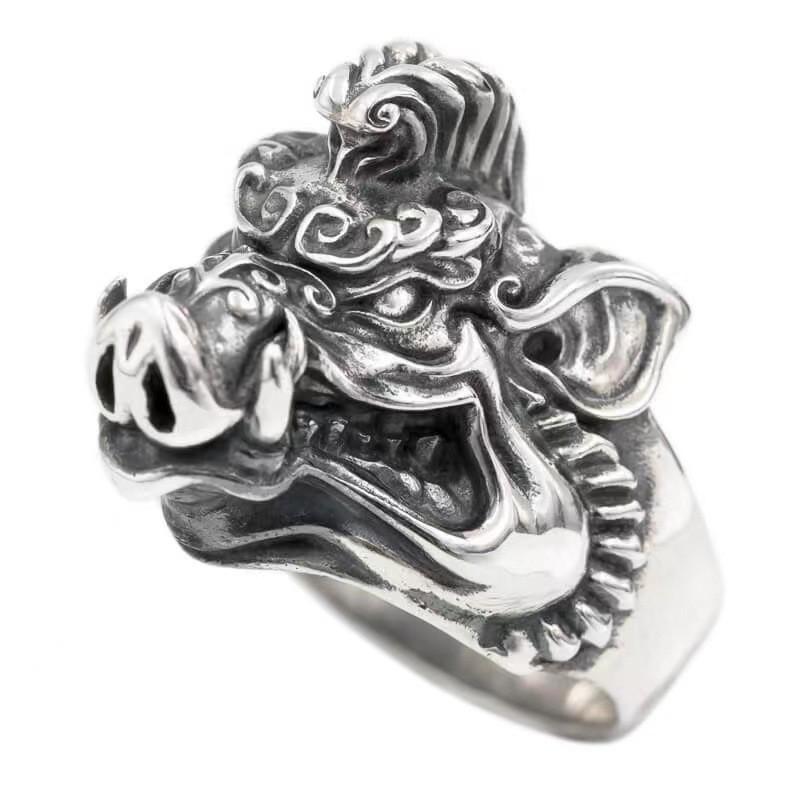 Handmade Vintage Boar Ring Inspired By Tianpeng Marshal Sterling Adjustable Unisex Statement Jewelry