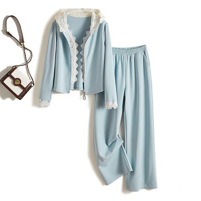 

Milan Foreign Trade Two-piece Set! Noble Women Fake Two Pieces Hood Lace Stitching Hoodie Outerwear + Long Straight Pants Sky Blue million yuan quality XXL