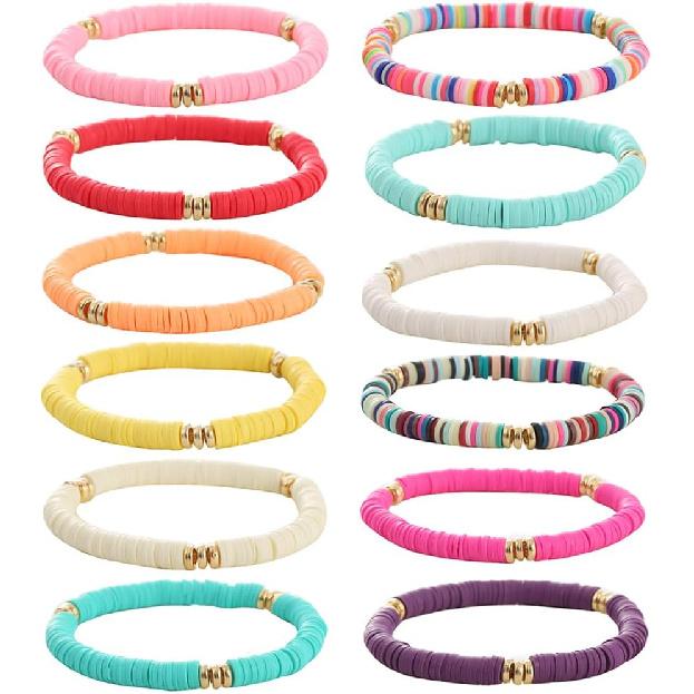 12pcs Friendship Bracelets Beaded Bracelets Heishi Bracelet Cute Bracelets Stack Vinyl Clay Disc Bead Surfer Stretch Summer Beach Bracelets For Women
