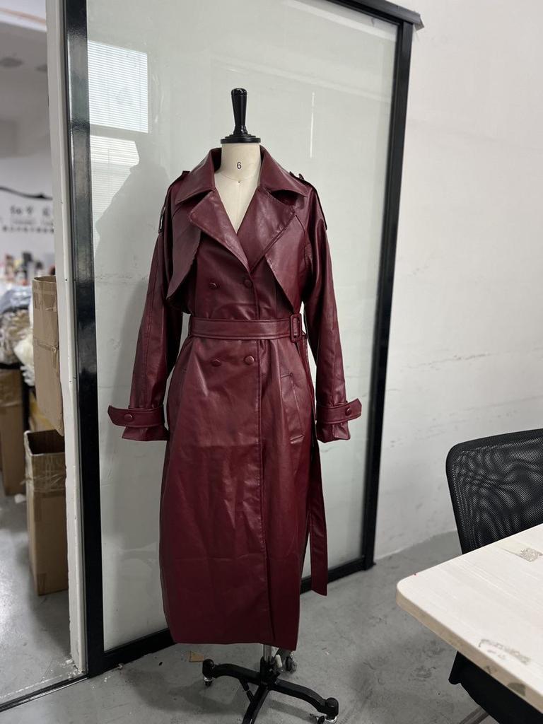 European & American Autumn Long Leather Trench Coat with Belt - Casual Fashion Outerwear