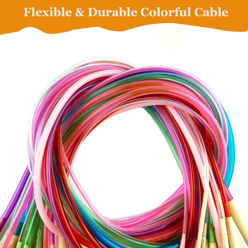 40/60/80/100cm Bamboo Knitting Needles Set Circular Wooden Knitting Needles with Colorful Plastic Cable for DIY Craft