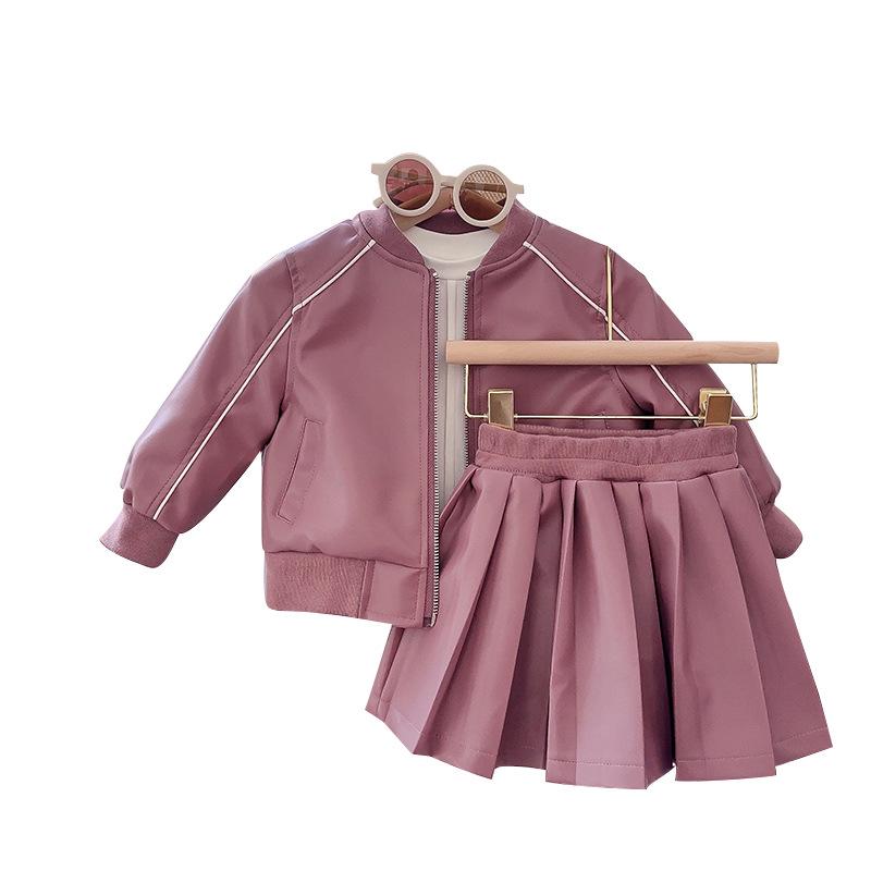 Girls' Spring & Autumn Leather Jacket & Pleated Skirt Set - BCA389