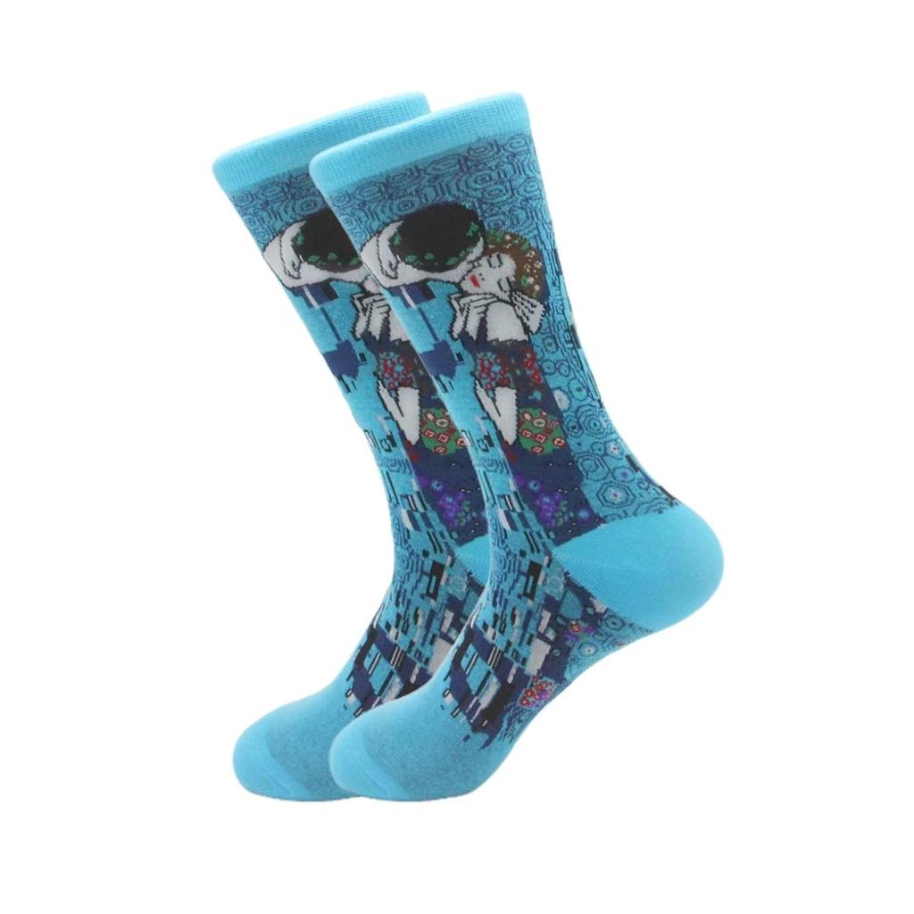 1 pair of European and American trendy socks with personalized street fashion oil painting series socks