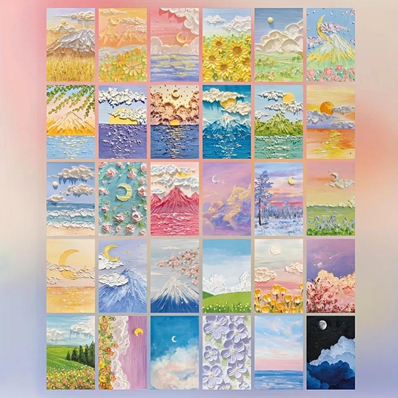 30 Oil Painting Postcards, Art Greeting Cards, Layered Art Greeting Cards, Flower And Grass Mountain Butterfly Moon