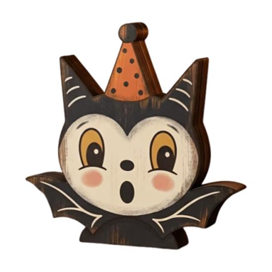 Decorative Tiered Tray Elements Halloween Vintage Wooden Ornaments, Cute Bat/Black Cat/Owl/Pumpkin/Ghost/Skull Decorations, Retro Double Sided Festive