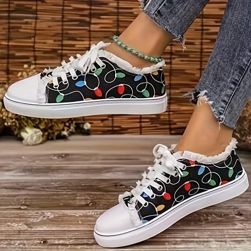 Women's Colorful Print Lace-Up Sneakers - Lightweight, Comfortable Casual Sneakers with Non-Slip TPR Sole