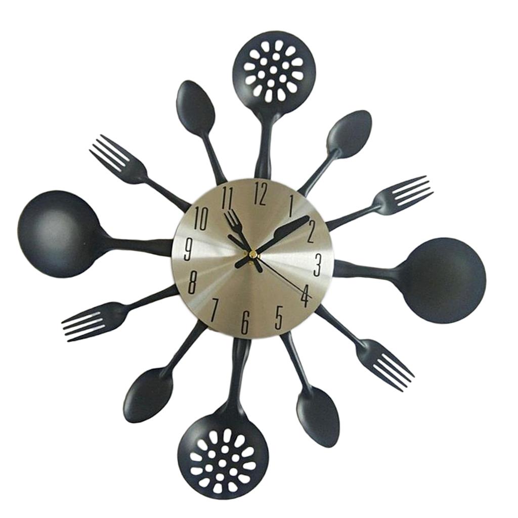 Wall Clock with 3, Fork, Cutlery Design , Black