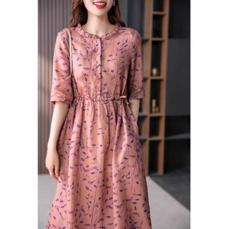 Dress High-end Women's Summer Temperament Tencel Cotton Linen Floral Mid Length Casual Dresses