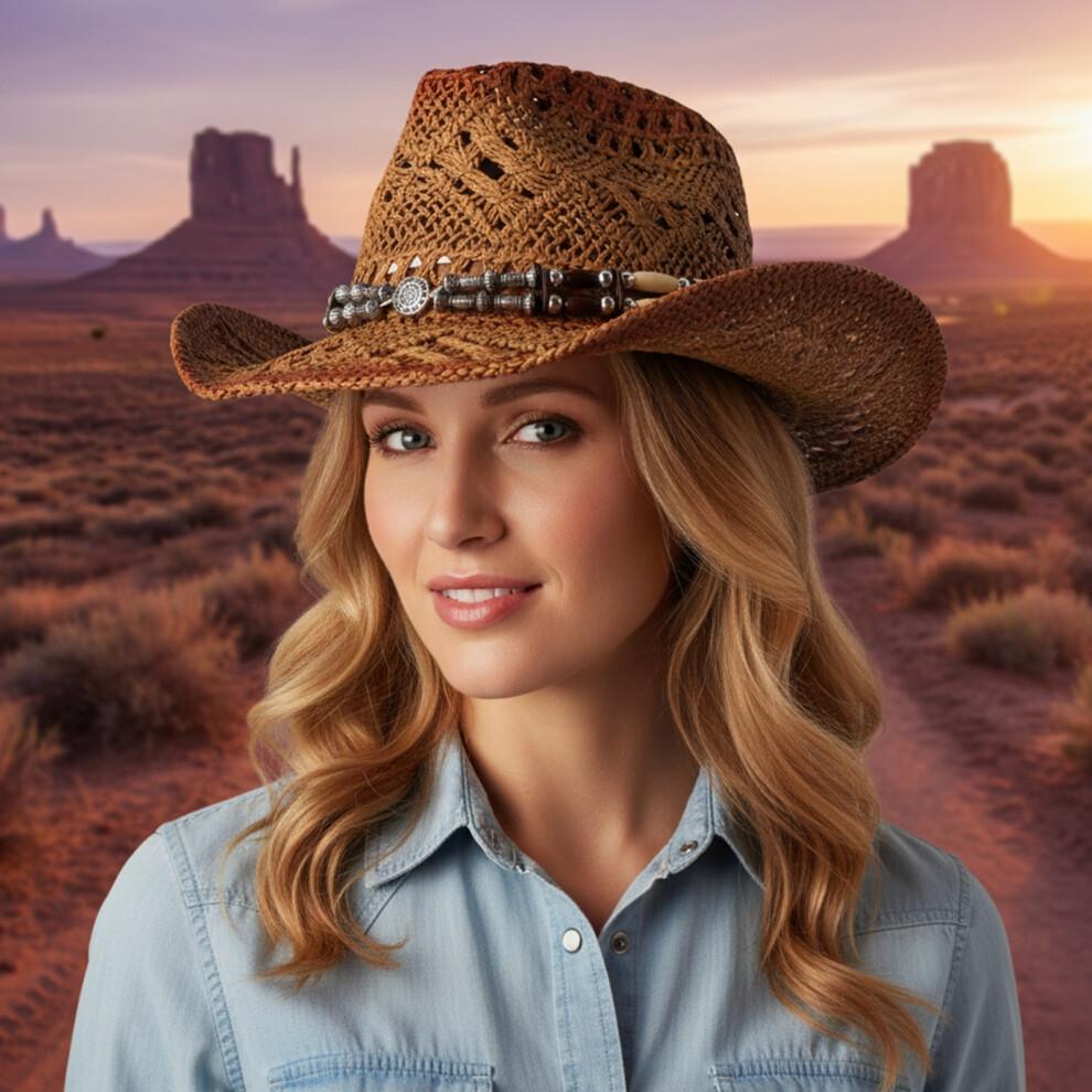 (L, Colorful) Cowgirl Hats for Women Men Outdoor Western Hat Wide Brim Straw Sun Hat with Beaded Ropes