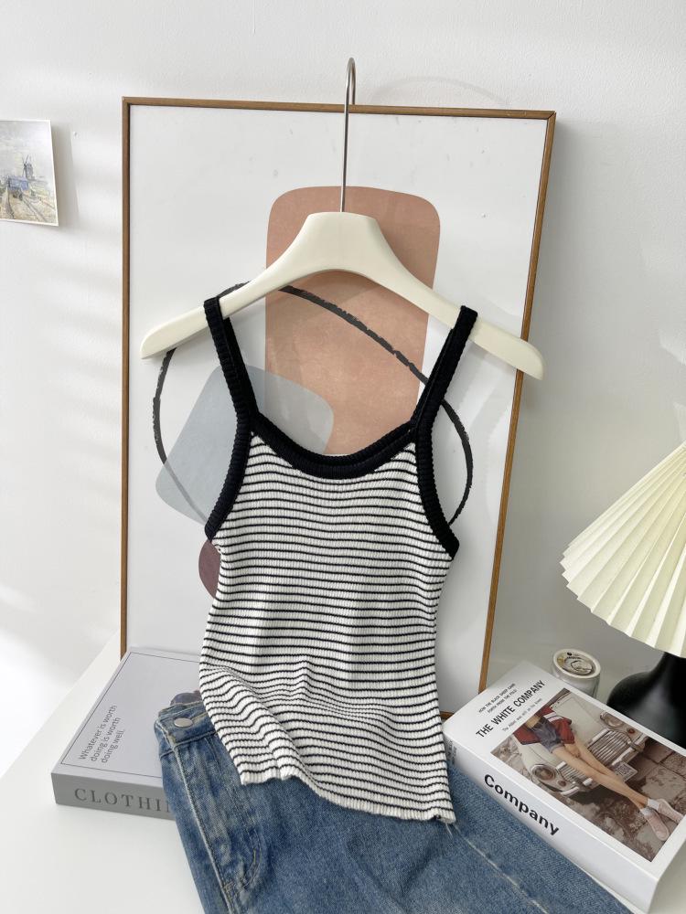 Women s Striped Knit Camisole - Summer Slim Fit Versatile Sleeveless Top One Size чёрный