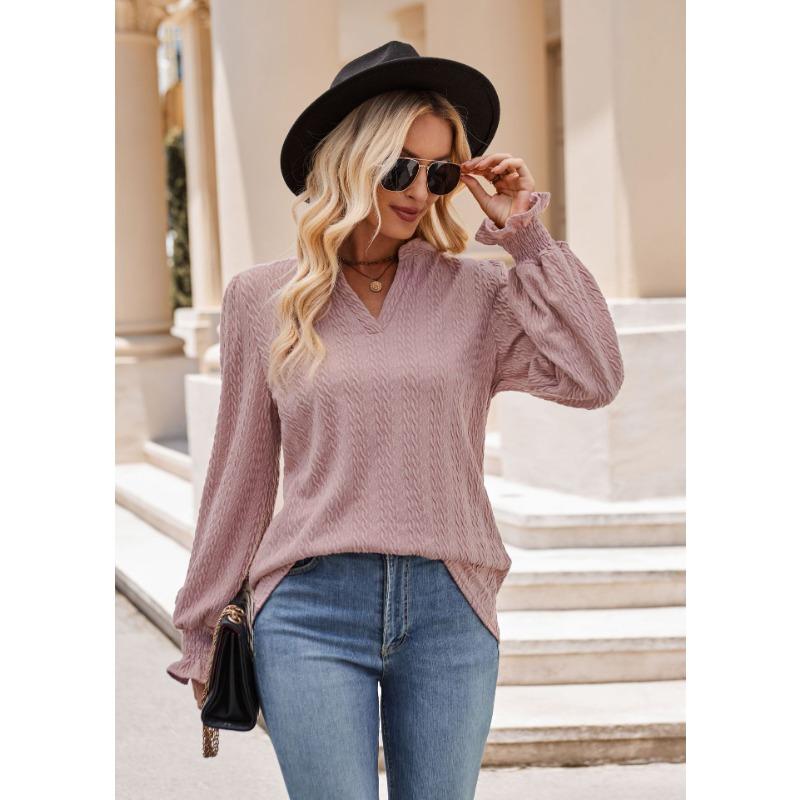Autumn and Winter Women's Blouse Solid Color Knitted Jacquard Long-sleeved T-shirt Twist V-neck Tops