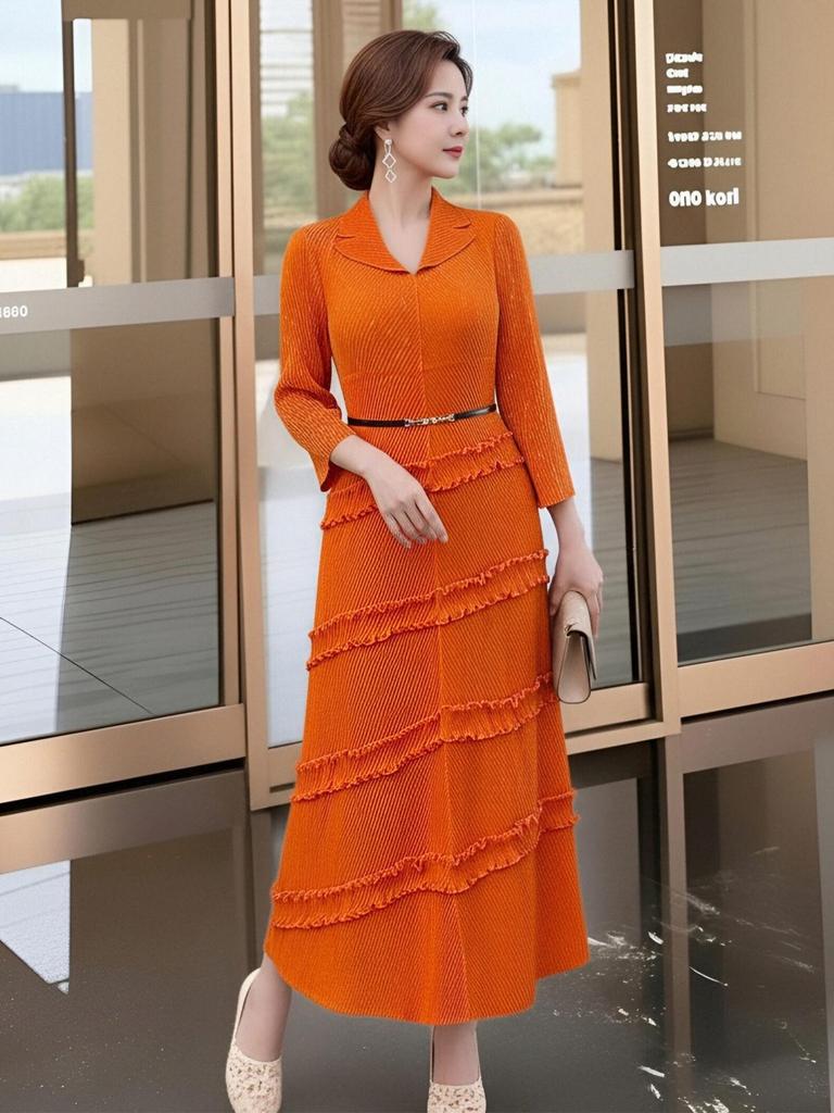 Elegant Spring High-End Miyake Pleated Green Long Dress - Waist-Cinched for Graceful Women