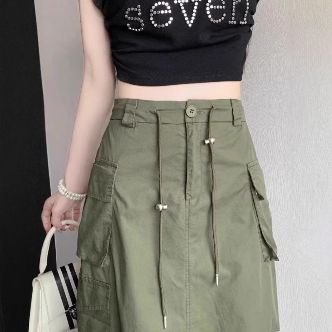 

Women s High-Waist A-Line Slit Skirt in Military Green Retro Design M