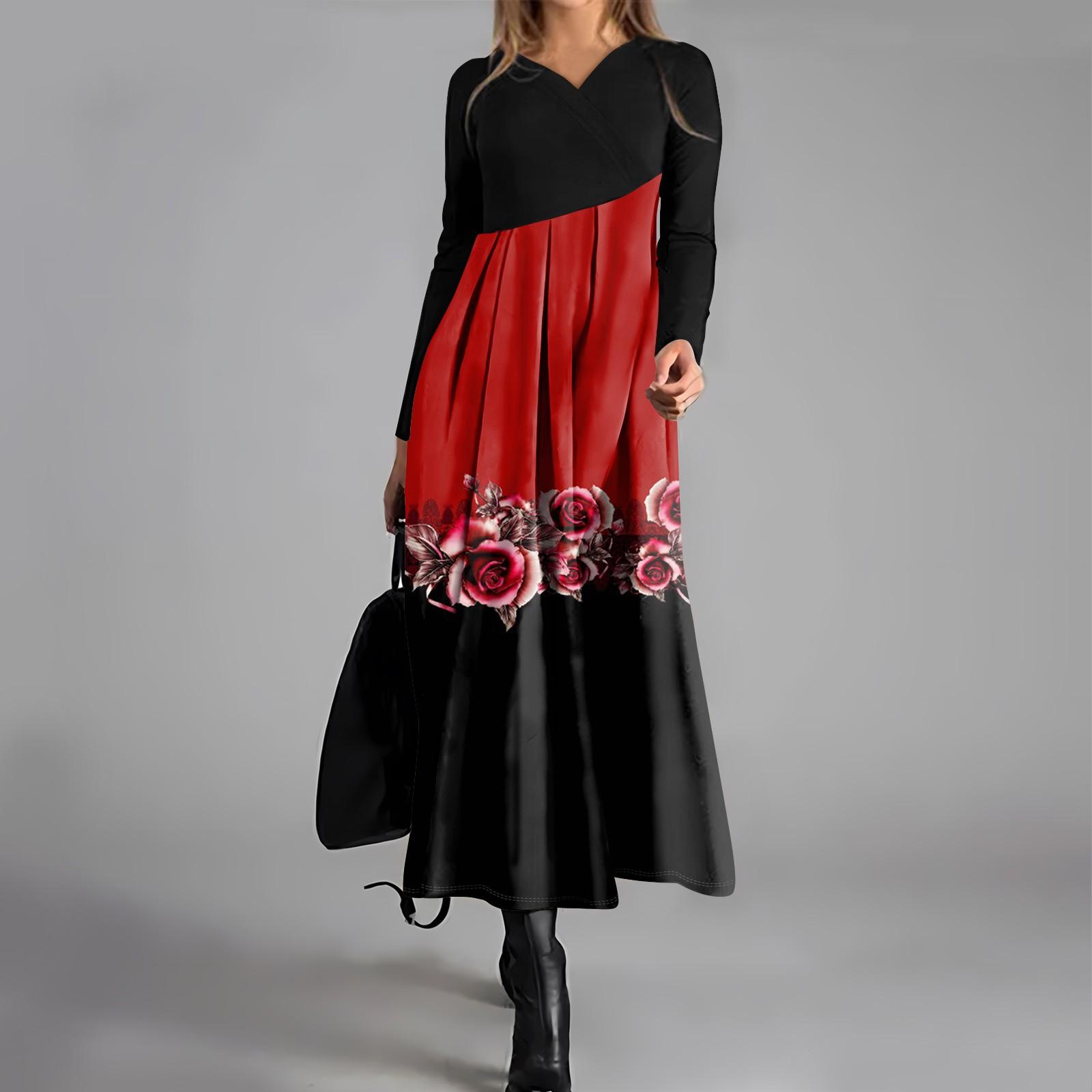 

Жіноча повсякденна сукня з V-подібним вирізом і довгими рукавами, вільна та велика сукня з принтом XL червоний