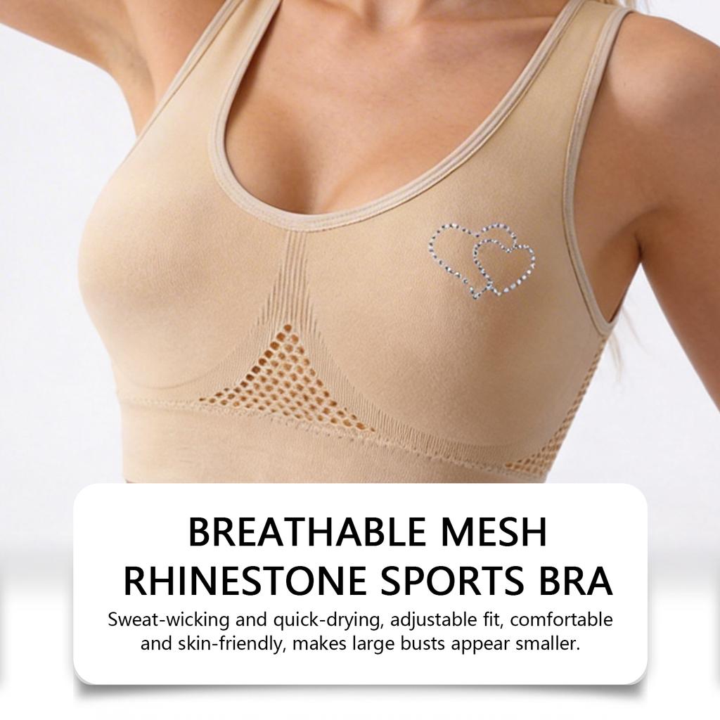 Zeriluna Breathable Mesh Rhinestone Sports Bra Shockproof wide shoulder straps, comfortable fit, seamless inner tank top