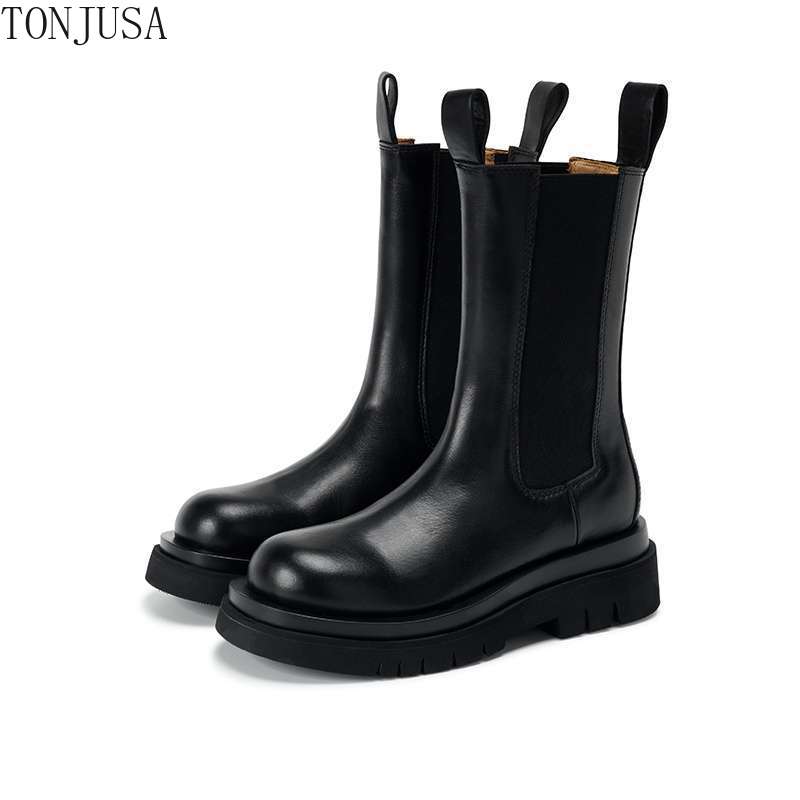 Martin Boots Women Autumn Winter Fleece British Medium Tube Platform Chelsea Boots Large Size Comfortable Warm